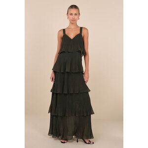 Lulus Elegant Nature Olive Green Pleated Sleeveless Tiered Maxi Dress - Size M